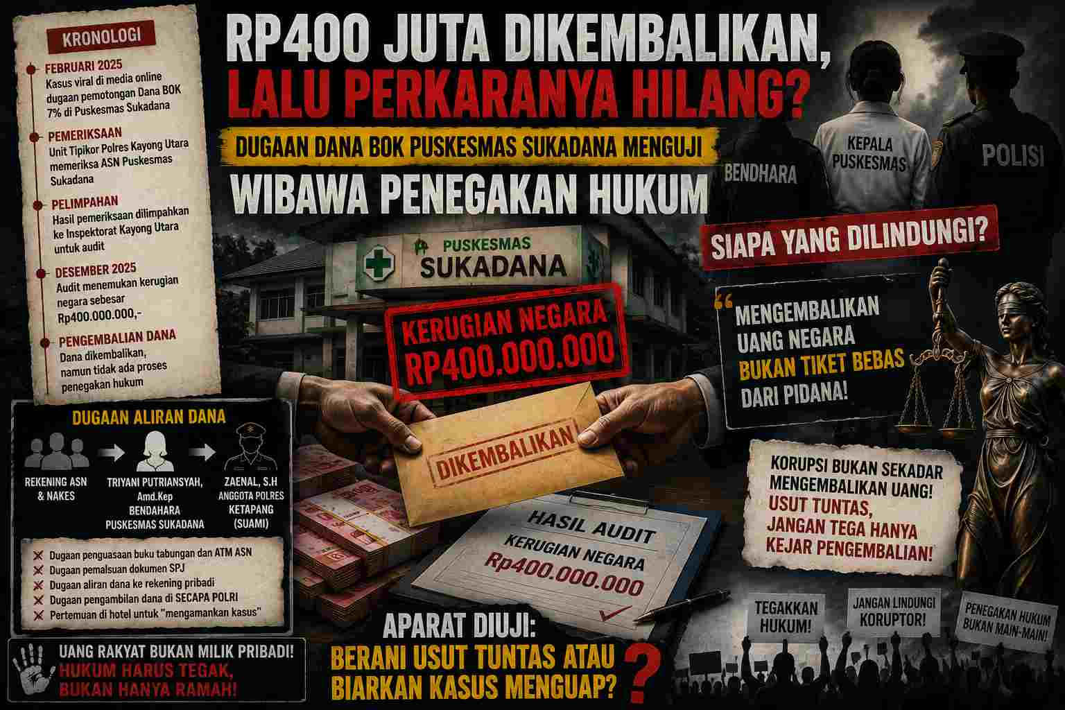 Rp400 Juta Dikembalikan, Lalu Perkaranya Hilang? Dugaan Dana BOK Puskesmas Sukadana Menguji Wibawa Penegakan Hukum
